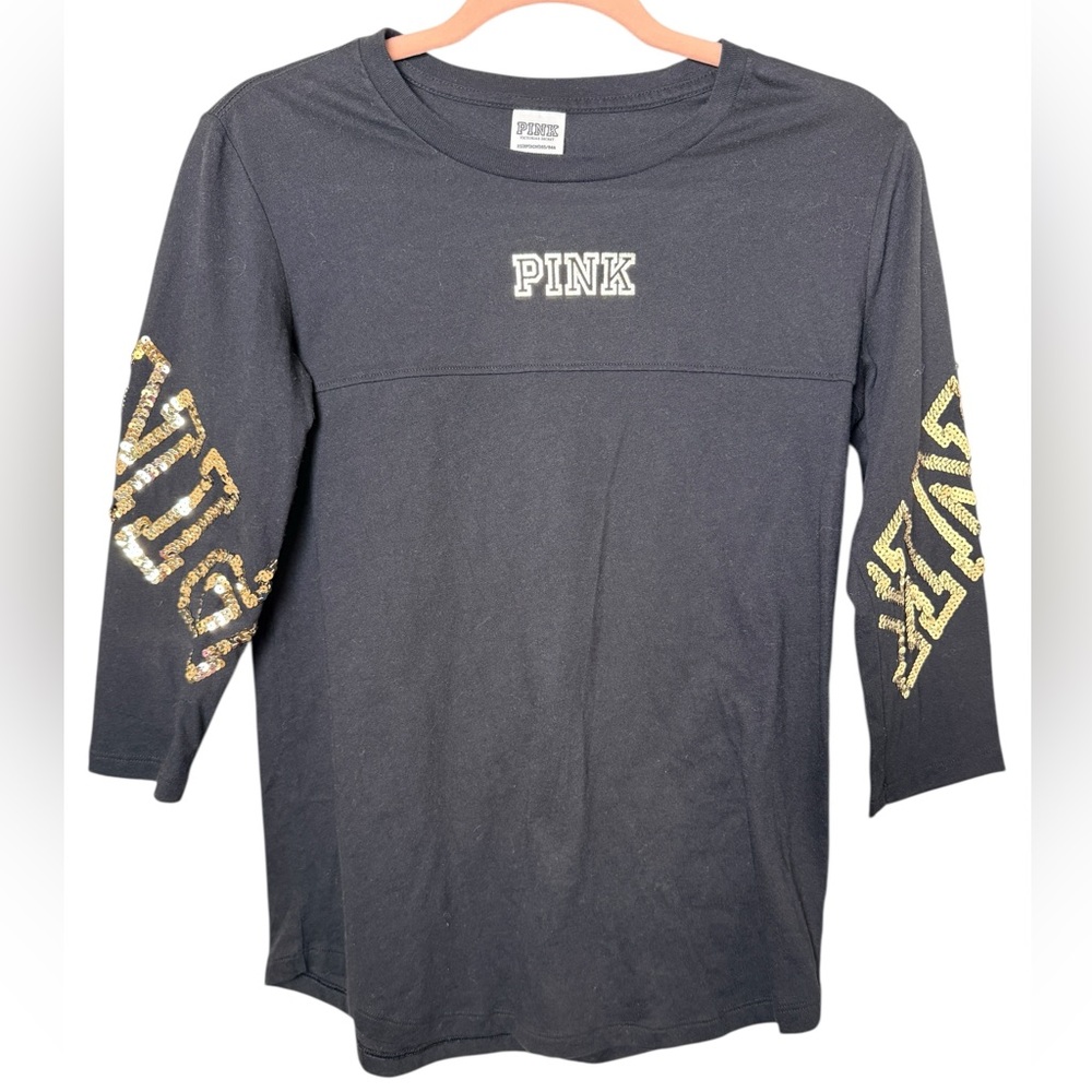 PINK Victoria Secret XS Black Long Sleeve Shirt with Gold Sequins